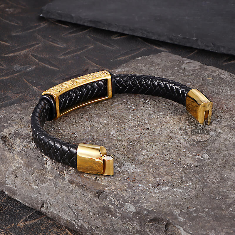 Viking Rune Stainless Steel Leather Bracelet