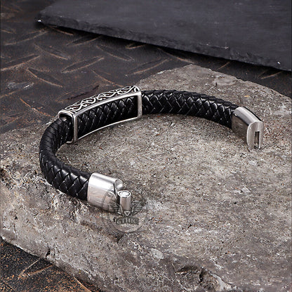 Viking Rune Stainless Steel Leather Bracelet