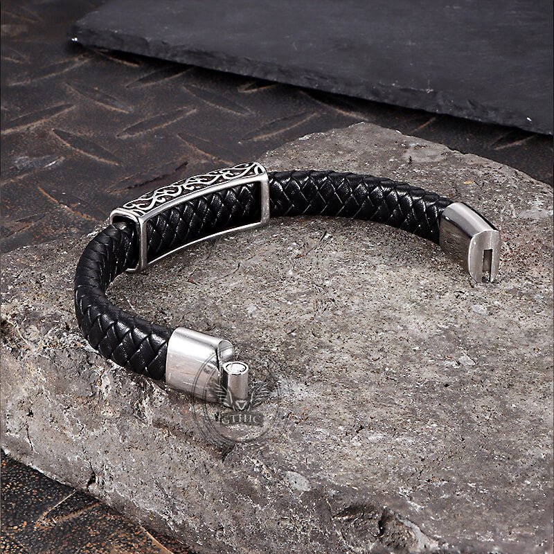 Viking Rune Stainless Steel Leather Bracelet