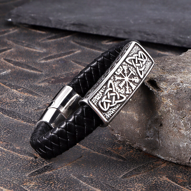 Viking Rune Stainless Steel Leather Bracelet