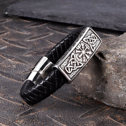 Viking Rune Stainless Steel Leather Bracelet