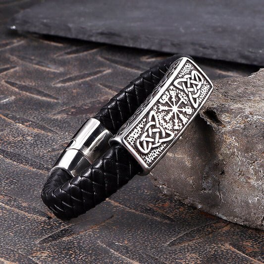 Viking Rune Stainless Steel Leather Bracelet