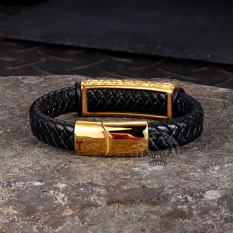 Viking Rune Stainless Steel Leather Bracelet