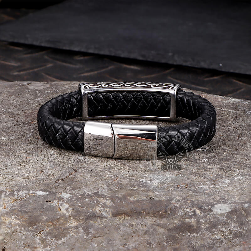 Viking Rune Stainless Steel Leather Bracelet