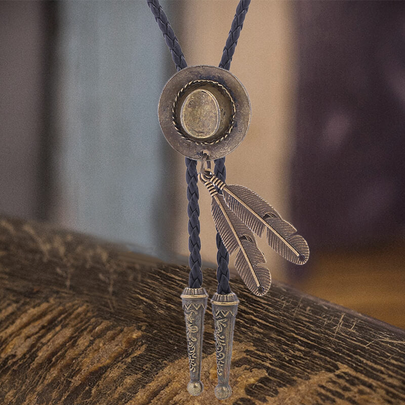 Western Cowboy Hat Feather Alloy Bolo Tie