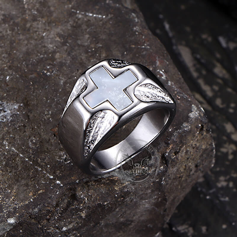 White Shell Cross Stainless Steel Ring