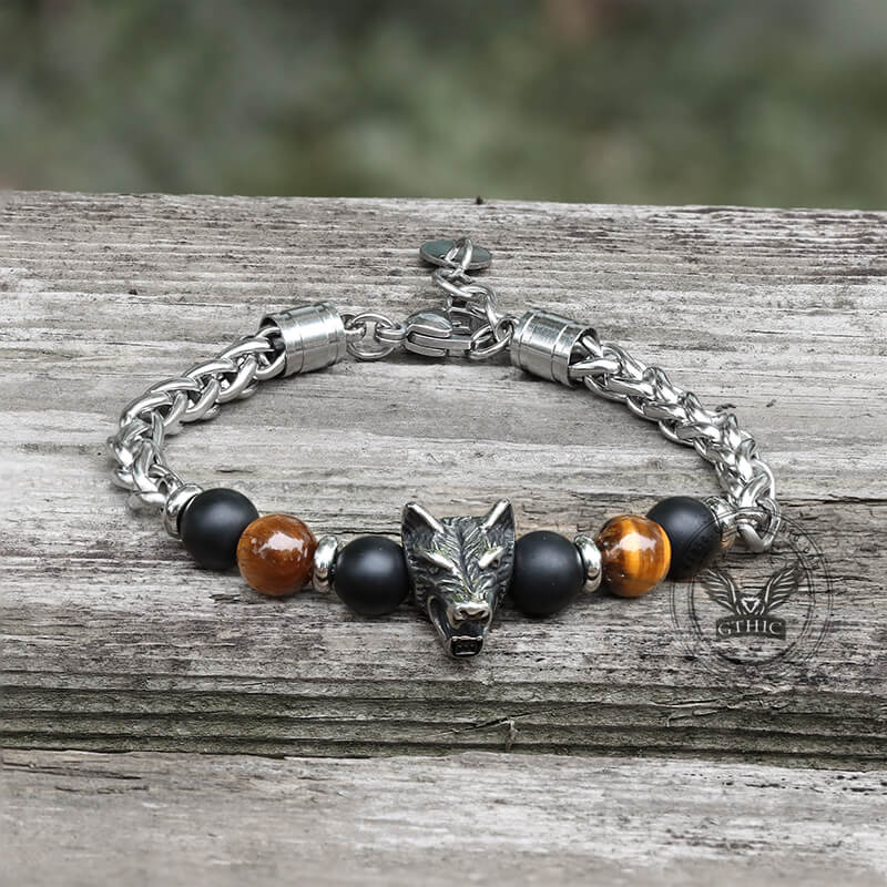Wolf Head Tiger’s Eye Stainless Steel Bracelet
