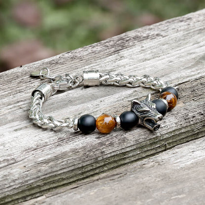 Wolf Head Tiger’s Eye Stainless Steel Bracelet