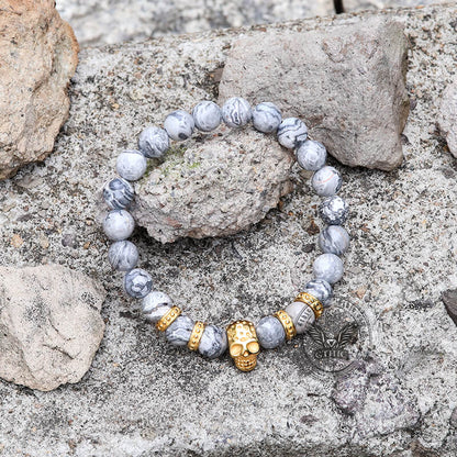 Volcanic Rock Stainless Steel Skull Bracelet