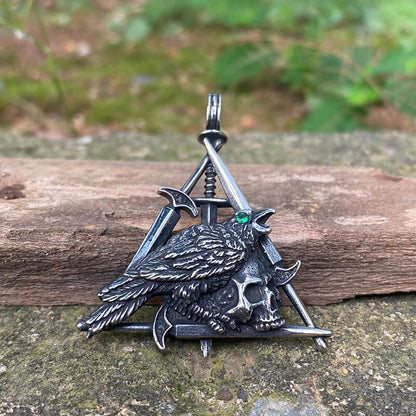 Wicca Sword Crow Stainless Steel Skull Pendant