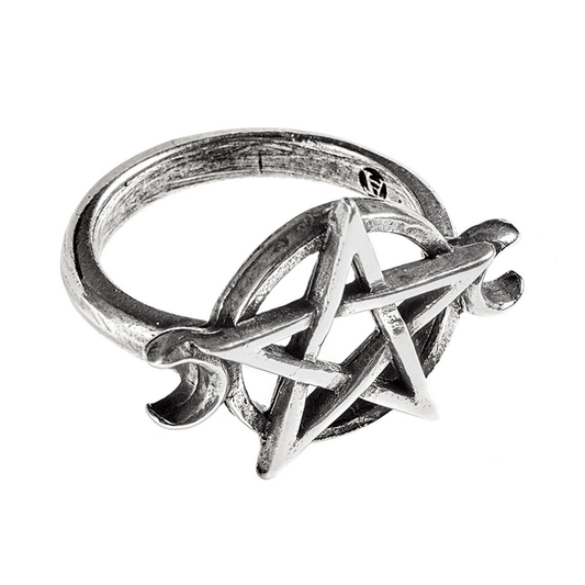 Wiccan Pentagram and Crescent Moon Pewter Ring