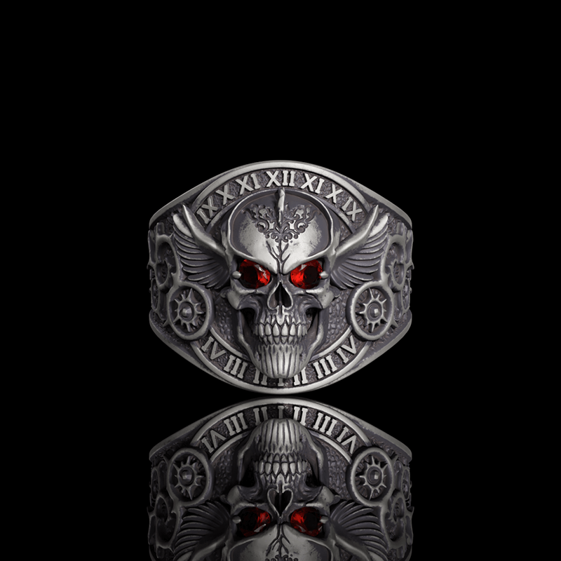Winged Skull Sterling Silver Ruby Biker Ring