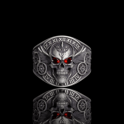 Winged Skull Sterling Silver Ruby Biker Ring