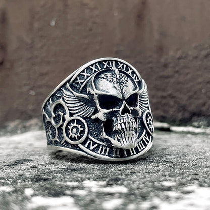 Winged Skull Sterling Silver Ruby Biker Ring