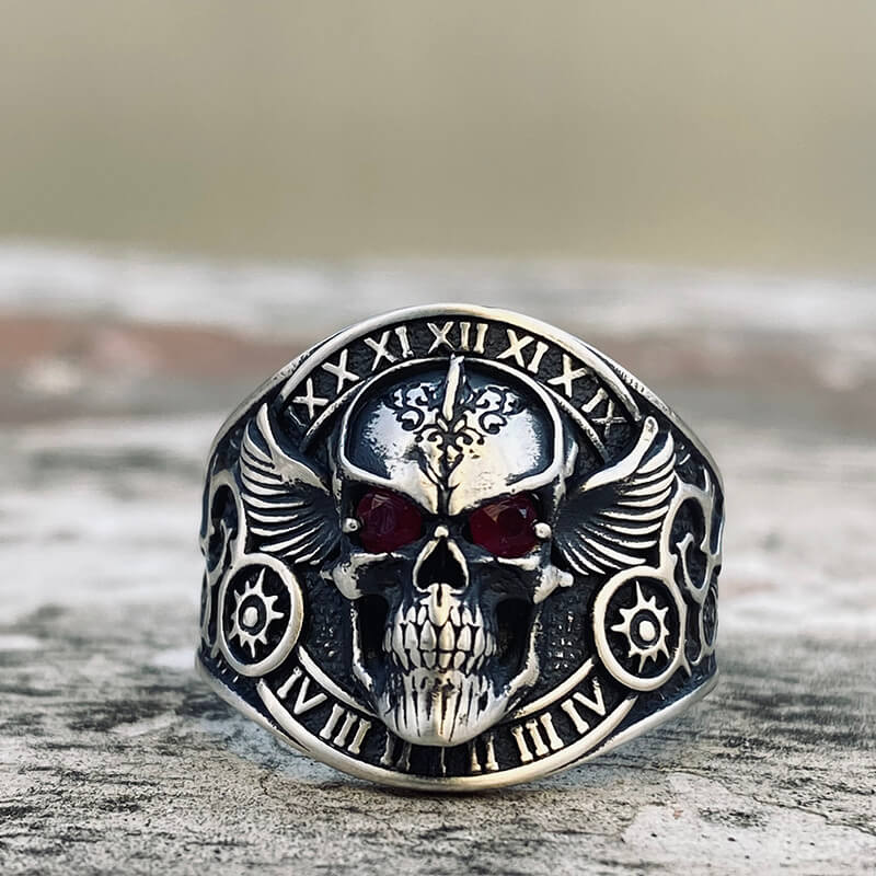 Winged Skull Sterling Silver Ruby Biker Ring