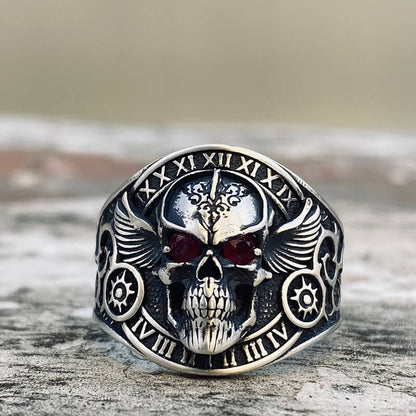 Winged Skull Sterling Silver Ruby Biker Ring