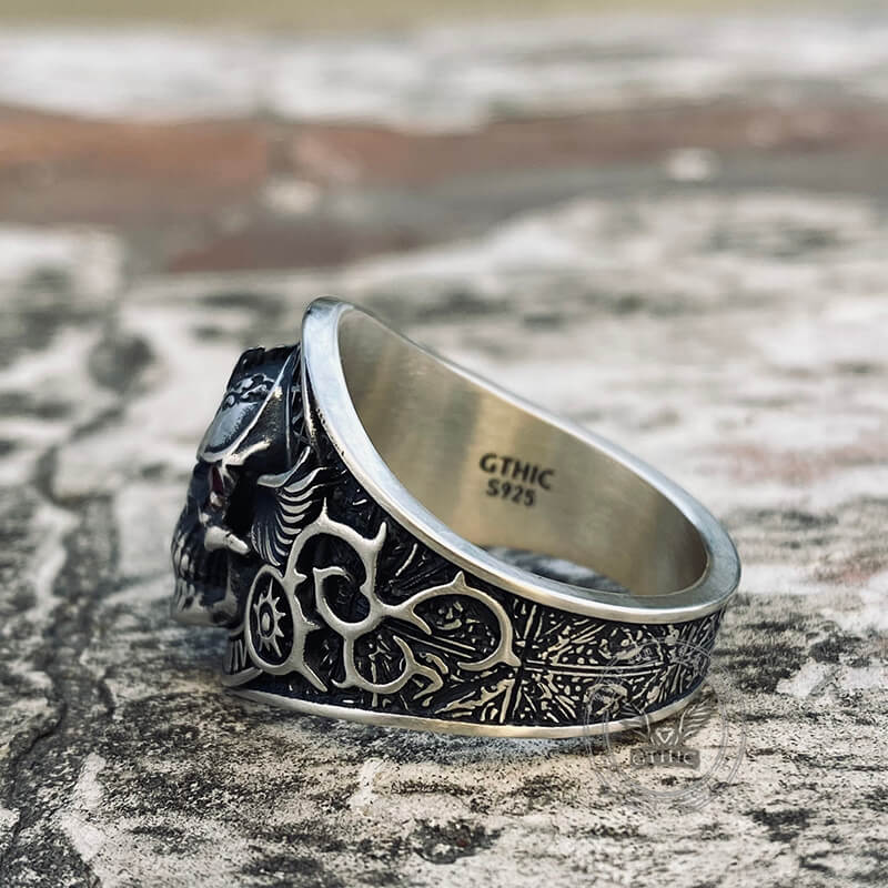Winged Skull Sterling Silver Ruby Biker Ring
