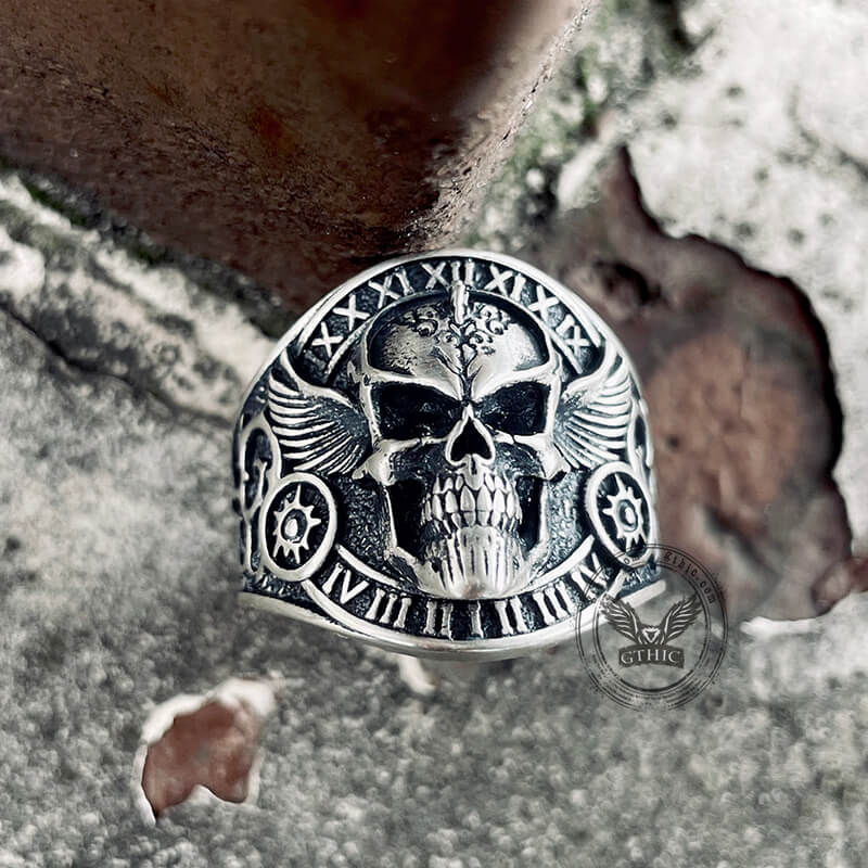 Winged Skull Sterling Silver Ruby Biker Ring