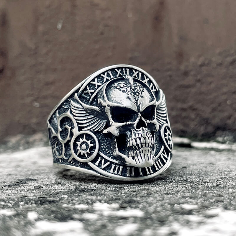 Winged Skull Sterling Silver Ruby Biker Ring