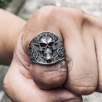 Winged Skull Sterling Silver Ruby Biker Ring
