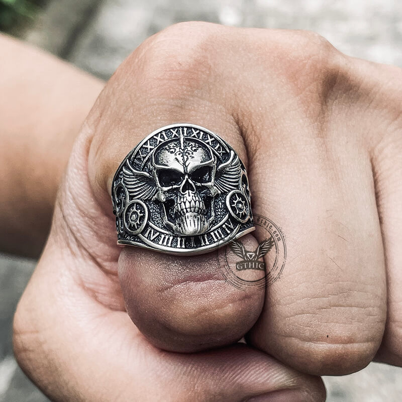 Winged Skull Sterling Silver Ruby Biker Ring