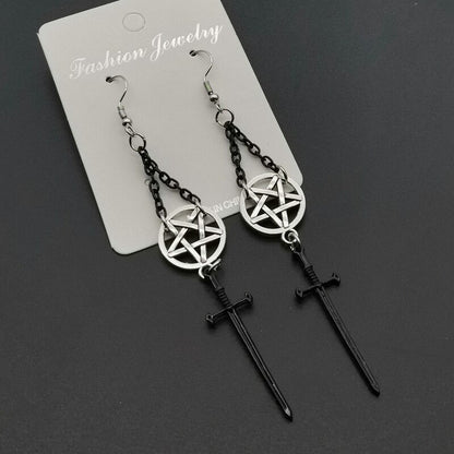 Witch's Rites Earrings With Pentagram Pendant / Gothic Darkly the Sacred Black Sword