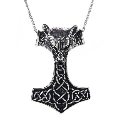 Wolf Head Pendant Necklace / Stainless Steel Thor Hammer Pendant in Viking Style Jewelry