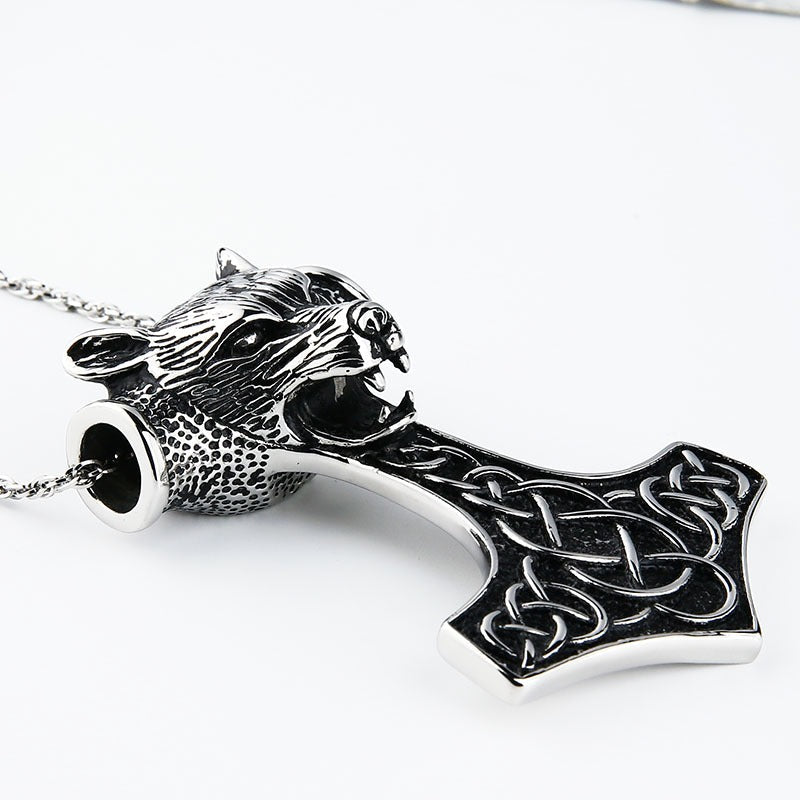Wolf Head Pendant Necklace / Stainless Steel Thor Hammer Pendant in Viking Style Jewelry