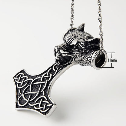 Wolf Head Pendant Necklace / Stainless Steel Thor Hammer Pendant in Viking Style Jewelry