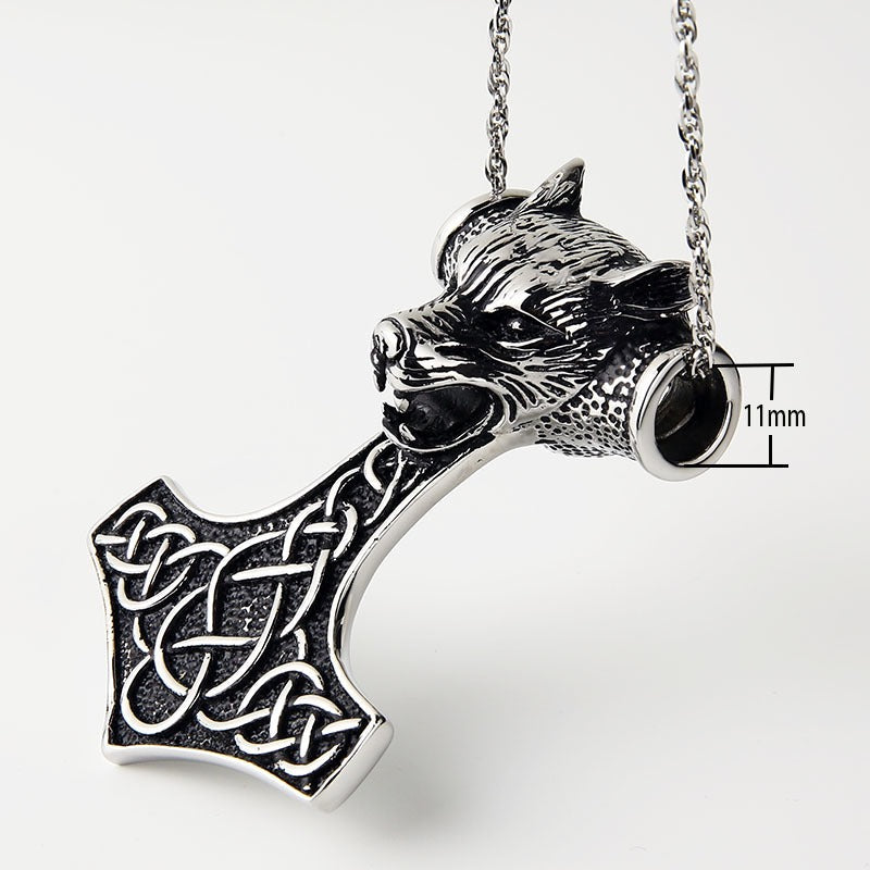 Wolf Head Pendant Necklace / Stainless Steel Thor Hammer Pendant in Viking Style Jewelry