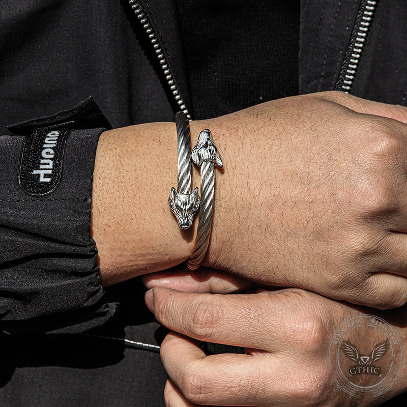 Wolf Head Stainless Steel Open Bracelet