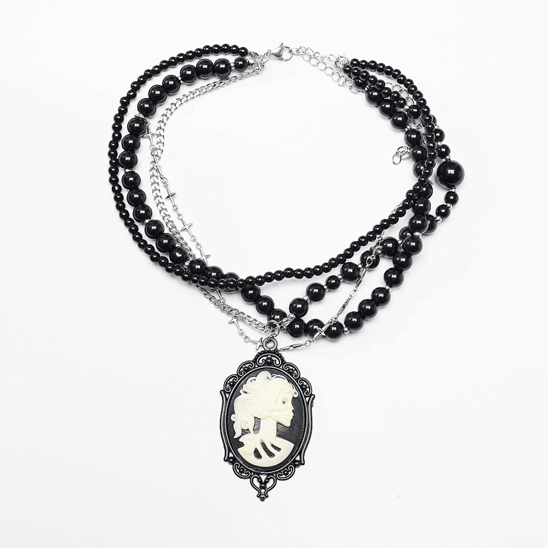 Gothic Black Beaded Necklace With Cross Pendants