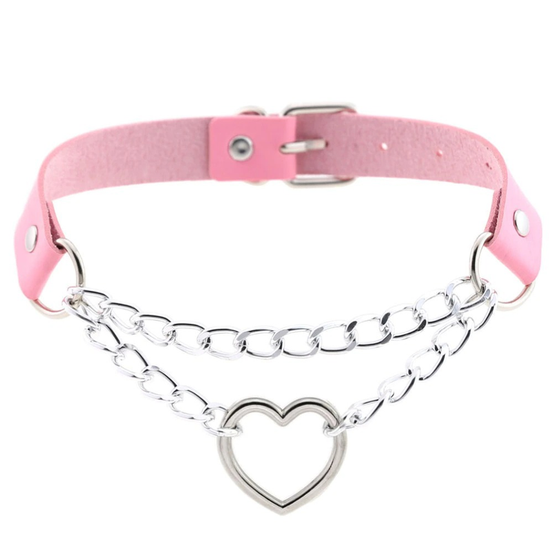Necklace With Pendant Heart in Punk Style / Pu Leather Choker With Chain