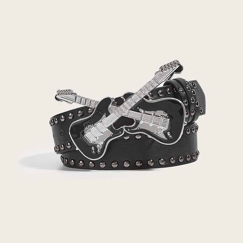 Y2k Double Guitar Buckle Rivet Pu Leather Belt