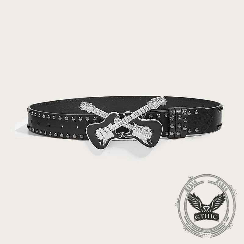 Y2k Double Guitar Buckle Rivet Pu Leather Belt