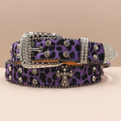 Y2k Leopard Print Rhinestone Cross Rivet Pu Leather Belt