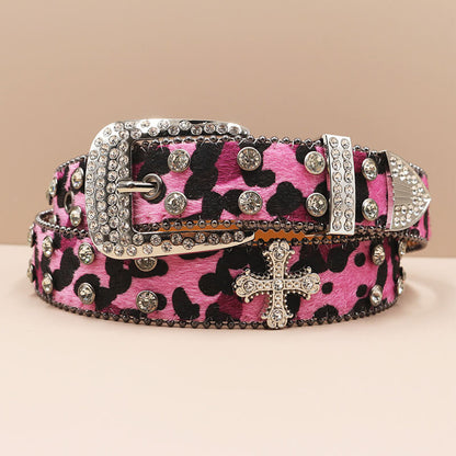 Y2k Leopard Print Rhinestone Cross Rivet Pu Leather Belt