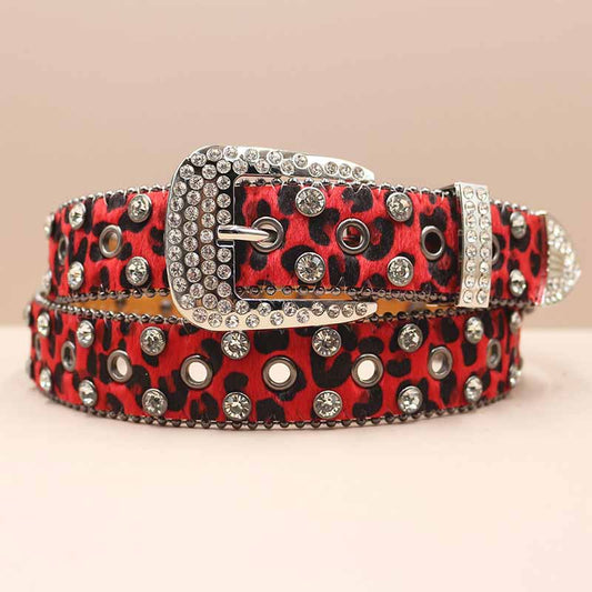 Y2k Leopard Print Rhinestone Eyelet Pu Leather Belt